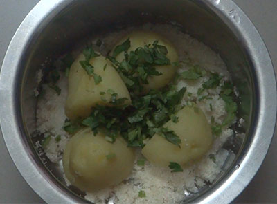 coriander leaves for aloo rava fingers or potato sooji snacks