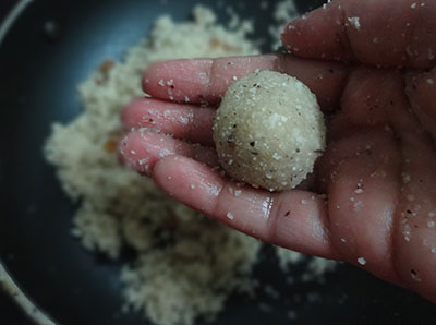 mixing ingredients for avalakki unde or poha laddu or aval ladoo