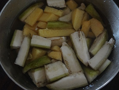 chopped yam and raw banana for aviyal or avial