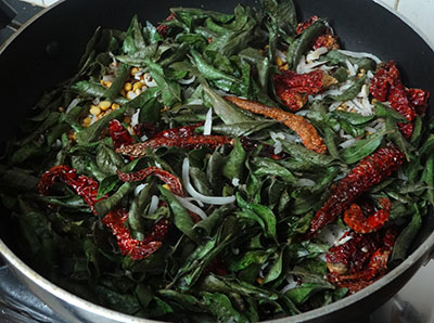 fried ingredients for karibevu chutney pudi or curry leaves chutney powder