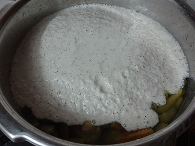 ground coconut and cooked ivy gourd for majjige huli or kayi huli
