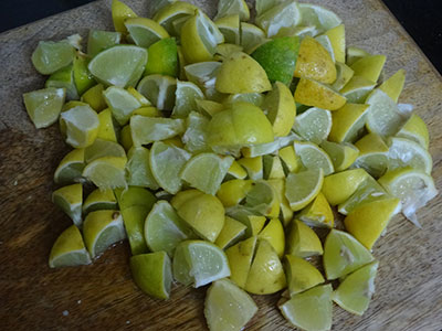 chopped lemon for lemon pickle or nimbe hannina uppinakayi