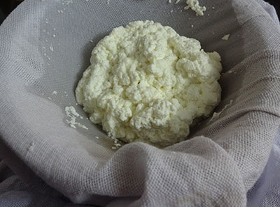 straining curdled milk for making soft paneer