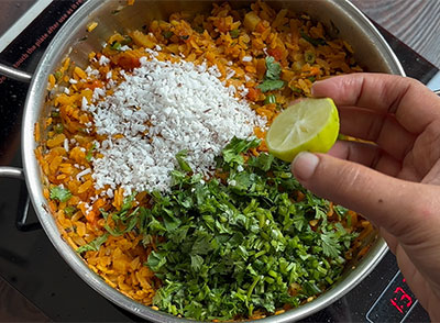 grated coconut and coriander leaves for masale avalakki or masala poha recipe