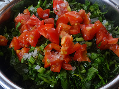 chopped tomato for mixed greens sambar or soppina huli saaru