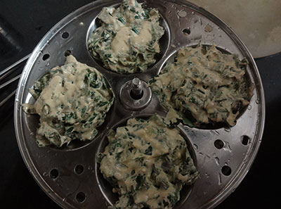 colocasia leaves mixture on idli plates for pathrode