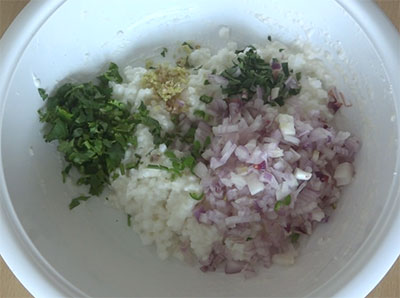 chopped onion, curry leaves and green chilli for sabakki paddu or sabudana paniyaram