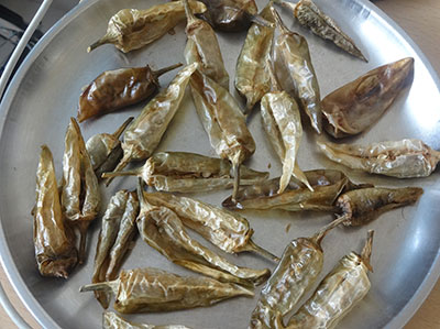 drying green chili for sandige menasu or majjige menasu