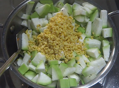 soaked moong dal for sorekai palya or bottle gourd stir fry