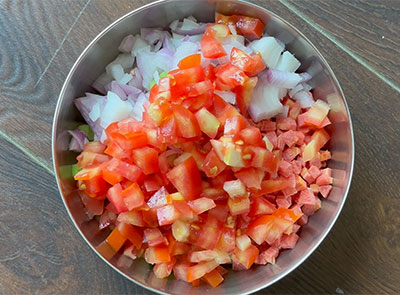 onion and tomato for southekai kosambari or cucumber salad