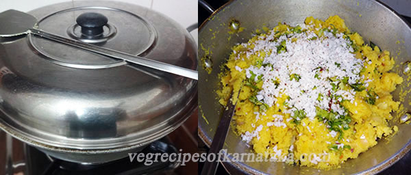 adding coconut and coriander leaves for rave uppittu or rava upma