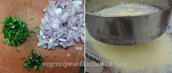 chop onion and sieve gram flour for zunka or jhunka