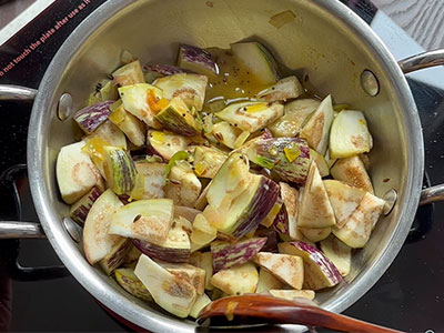 cooking brinjal for badanekayi rasa palya or brinjal gojju recipe