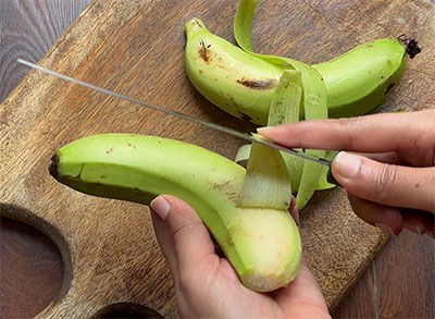 raw bananas for balekai mosaru kootu or raw banana majjige huli recipe