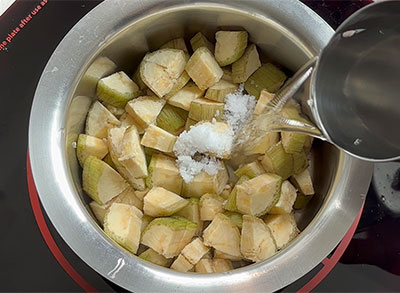 chopped raw banana for balekai mosaru kootu or raw banana majjige huli recipe