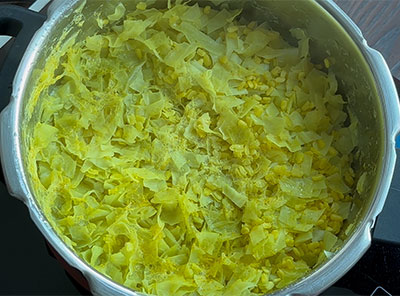 cooked cabbage and dal for cabbage jeerige kootu or ele kosu sambar recipe