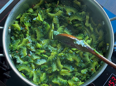 Chopped bitter gourd for hagalakayi palya or bitter gourd stir fry