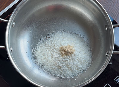 coconut and asafoetida for huruli kalu chutney pudi or chutney powder