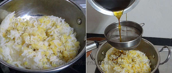 adding jaggery syrup for karnataka style pongal