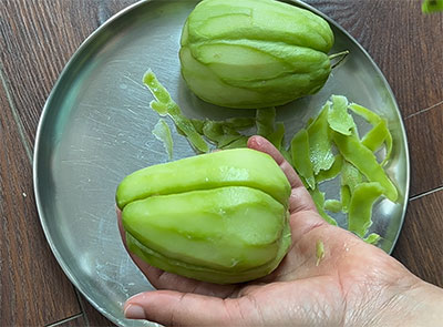 peeling chayote for seeme badanekayi gojju recipe