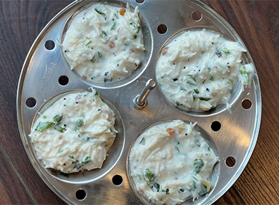 batter in idli plates for shavige or vermicelli idli recipe